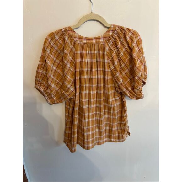 LOFT Yellow Plaid Tie Front Blouse Small Puff Sleeve Lightweight Cotton - Picture 6 of 6